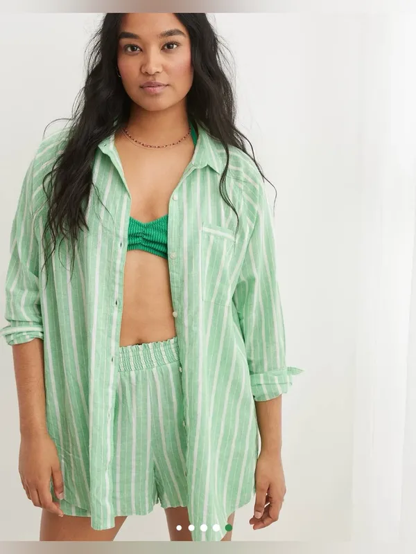 Aerie Green White Striped Linen Blend Coverup Button-Up Shirt - size L - Image 12