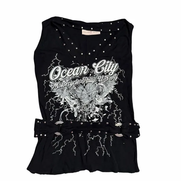 Y2K Studded Biker Graphic Tank Ocean City Motorcycle Rally Top Medium Bikercore - Image 3