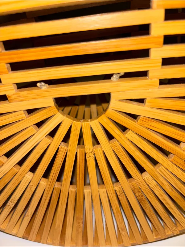 Tan Bamboo Structured Slat Handbag Fan Shaped Semi Circular Design Top Handles - Image 5