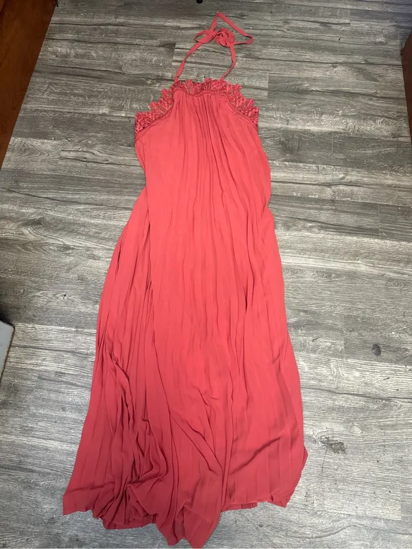 Lulus Coral Lace Halter Pleated Maxi Dress XS - Image 2