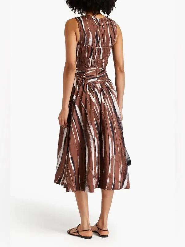 NEW Aje Gabrielle Stripe Pleated Linen Blend Midi Dress brown black small (8) - Image 4