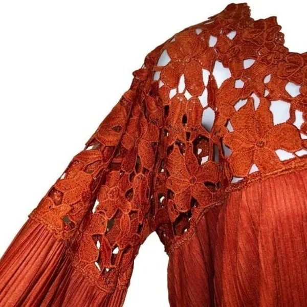 EXPRESS Dark Pumpkin Lace Embroidered Trim Belled‎ Sleeve Blouse M - Image 4