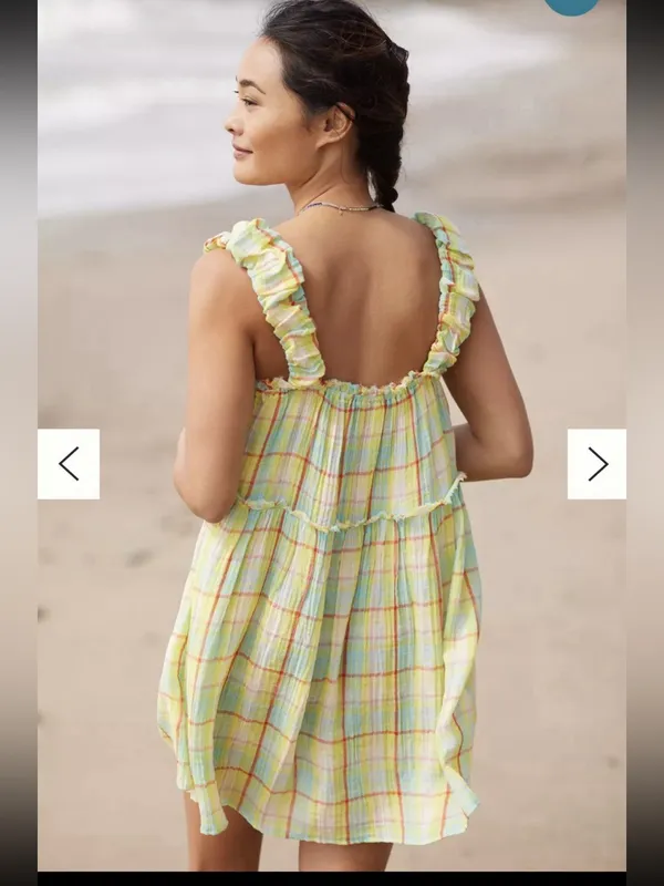 Anthropologie Plaid gauze Ruffle Mini Dress Boho Babydoll yellow size XL - Image 2