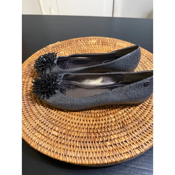 Calvin Klein Metallic Gunmetal Pebbled Ballet Flats Beaded Pom Pom Size 7.5 - Image 2