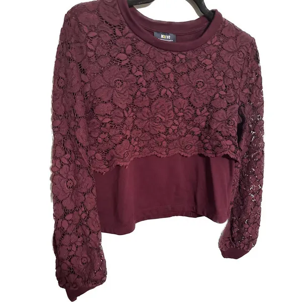 Maeve by Anthropologie Plum Lace‎ Pullover Style Crop Sweatshirt SZ S - Image 2