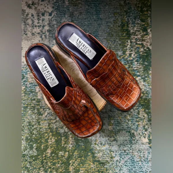 Vintage 90s American Eagle Kimmy fringe faux croc mule loafers, size 7M - Image 2