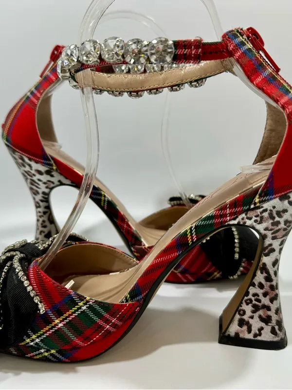 Betsey Johnson Guliana Red Plaid Black Bow Animal Print Heels Sz 8 Crystals Glam - Image 6
