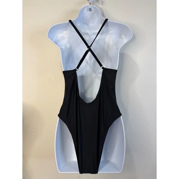 Cupshe Womens Black Deep V-Neck High‎ Cut One Piece Swimsuit CAA12E2F006AA Large - Image 3
