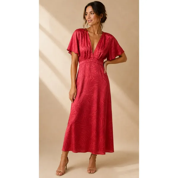 Fe Noel Target Women Dress 0 Red Jacquard Palm Flutter Sleeve V-Neck Midi - Image 2