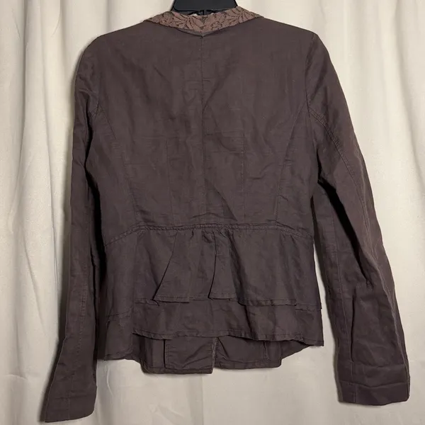 Free People Vintage Brown Lace Lapel Ruffle Linen‎ Blend Peplum Blazer Jacket 10 - Image 2