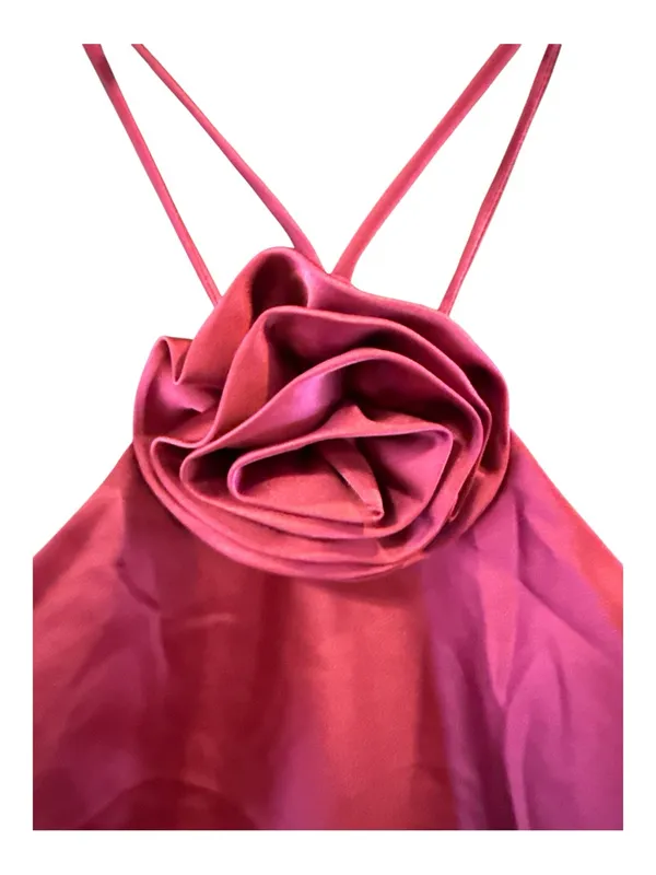 Lulu's Magenta Satin Rosette Halter Dress with Rosette - Image 2