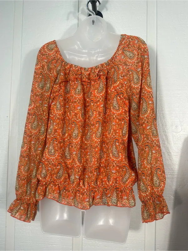DR2 Orange Geometric Print Top Size Medium EUC - Image 4