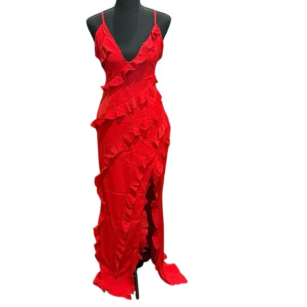 NWT Club L Red Ruffle Plunge Maxi Dress US 4 UK 8 Wedding Guest Formal Sexy - Image 2