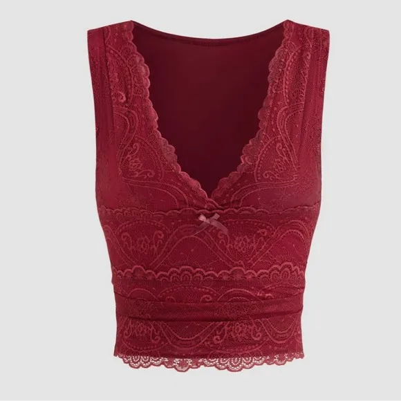 Cider Women's‎ Size S Lace Tank Top Burgundy Red Plunge Neck Y2K Euro Crop - Image 2