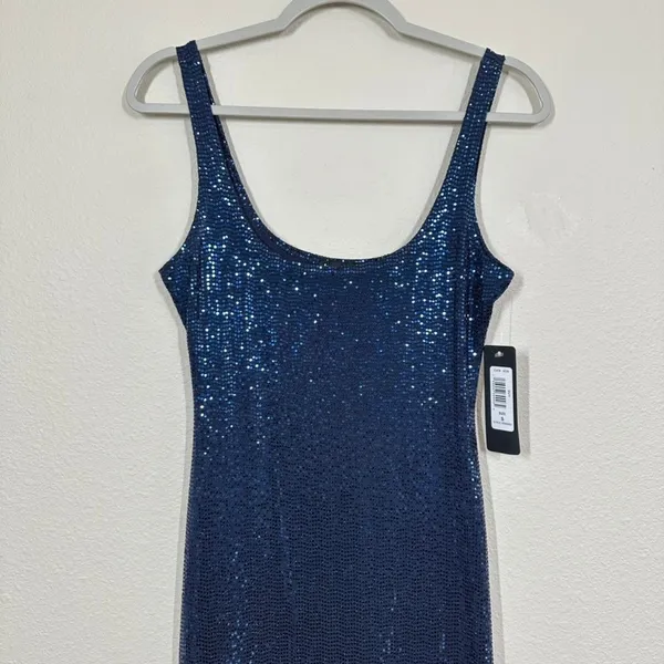 Bebe Women's Size Small Navy Blue Sequin Scoop Neck Maxi Dress Side Slit Party - Image 2