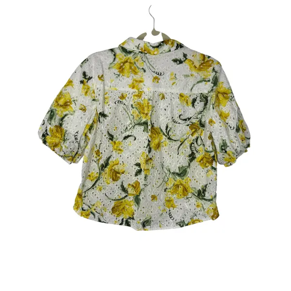 Chico’s Floral Eyelet Button-Front Puff Sleeve Blouse White Yellow Size 1 (US 8) - Image 4