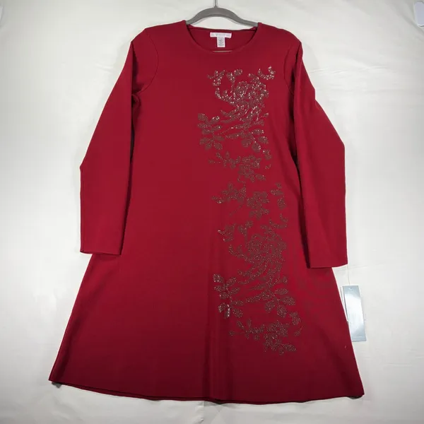 London Times Deep Red Rhinestone Floral Knit A-Line Dress Long Sleeve Large NEW - Image 3