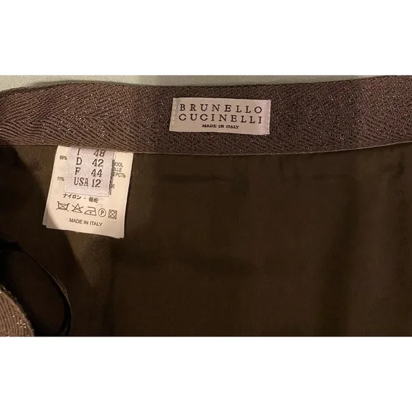 $965 Brunello Cucinelli 48 12 Skirt Wool Asymmetrical Pleated Brown Monili - Image 3