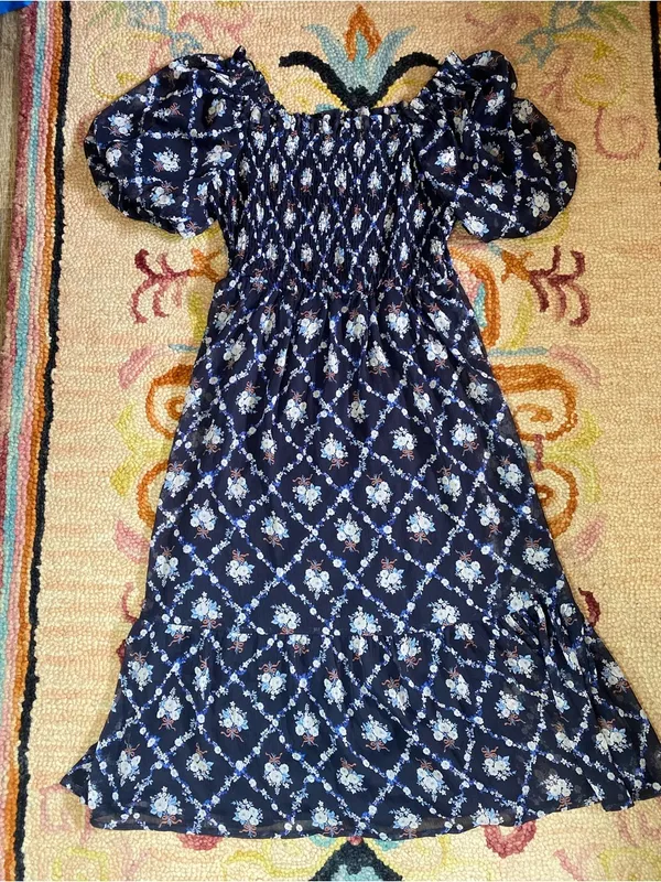 🌸Lauren Conrad Navy Blue Floral Smocked Puff Sleeve Square Neck Short Dress S - Image 3