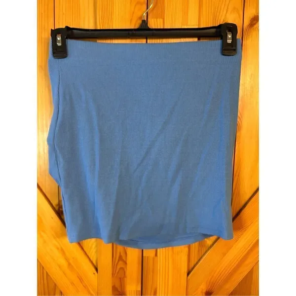 Zara Women’s High Waisted Ruched Rib Mini Blue Stretchy Skirt Size Large nwt (09 - Image 2
