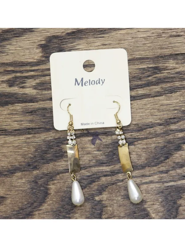 NWT Melody Fashion Dangly Rhinestone Faux Pearl Drop Earrings Gold Yellow 2.75" - Image 3
