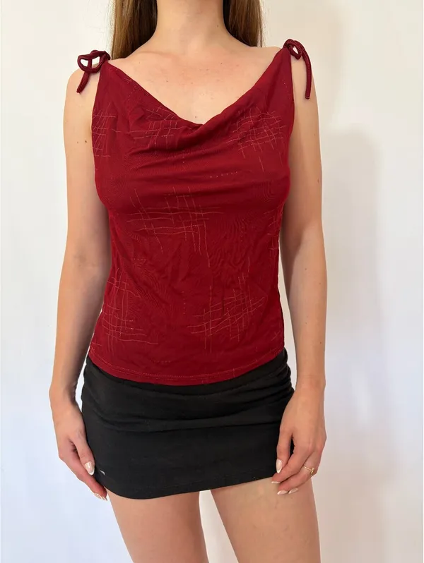 Red Slinky Cowl Neck Sparkly Top with Ties Size M - Image 8