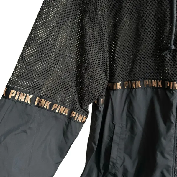 PINK Victorias Secret Zip Front Hooded Vented Jacket-Black/Gold-Polyester-SZ M/L - Image 4