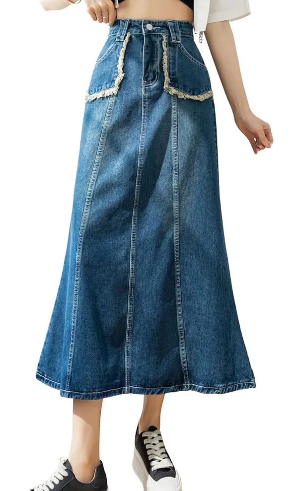 Denim lace trim A-Line Maxi Skirt - Image 5
