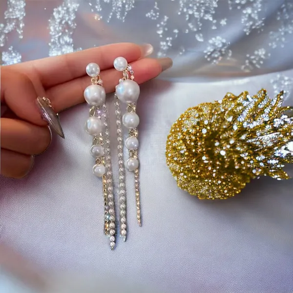 Faux Pearl Shiny Rhinestone Chain Tassel Design Dangle‎ Earrings Elegant Fashion - Image 10