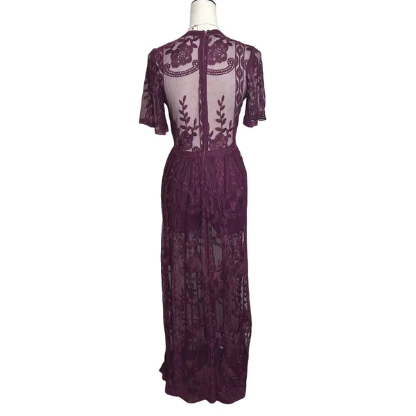 Haute Monde Plum Purple Floral Lace Deep V-Neck Boho Maxi‎ Romper Dress Small - Image 2
