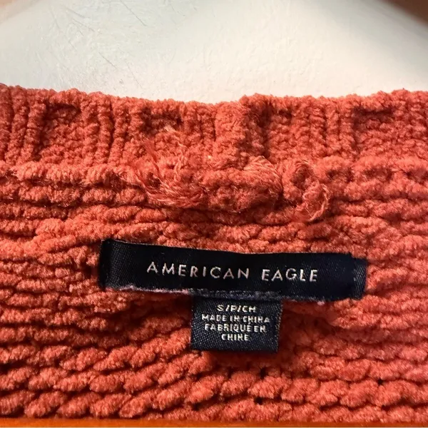 American Eagle Cable Knit Rust‎ Burnt Orange Crochet Crewneck Sweater Fall S - Image 3