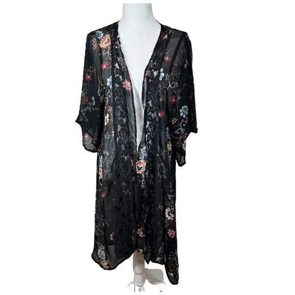 American Eagle Sheer Open Front‎ Kimono Black Floral Lace Sz M Fairy Whimsigoth - Image 2
