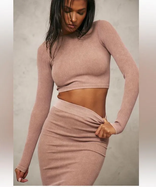 NWT PrettyLittleThing Contour Rib Brown Washed Midaxi Skirt | Size L - Image 3