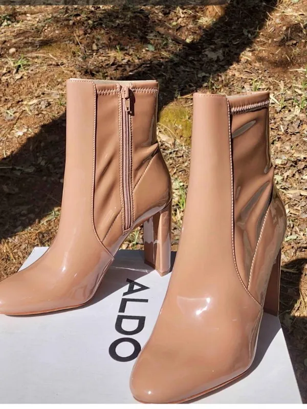 Patent Leather Nude Mid-Calf Block Heel Boots - Women - Image 3