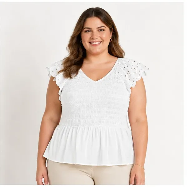 Time and Tru Womens Top Size XXL Vivid White Smocked Bodice V Neck Eyelet Stretc - Image 3