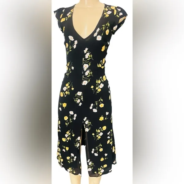 REFORMATION Black Floral Print WELLFLEET V-Neck Cutout Back Midi Dress - Image 7