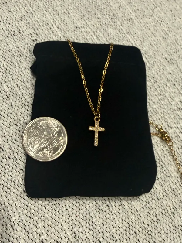 Gold plated stainless steel Cross Pendant Necklace cz preppy Christian gift - Image 3
