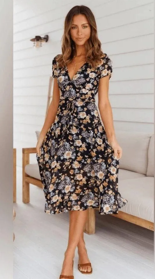 Hello Molly Black Floral Surplice Midi Dress babydoll lightweight 4 - Image 2