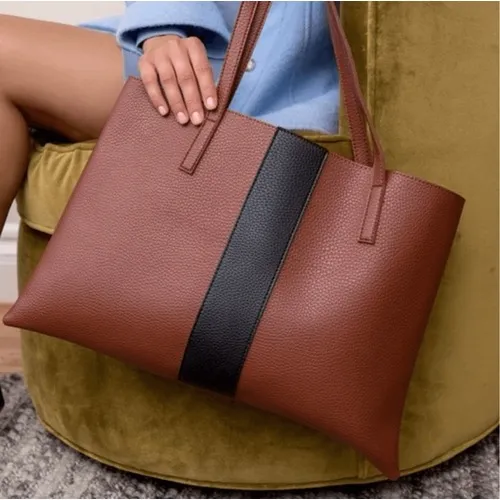 Vince Camuto Brown Faux Leather Tote Bag With Black Stripe Accent Work Travel‎ - Image 2