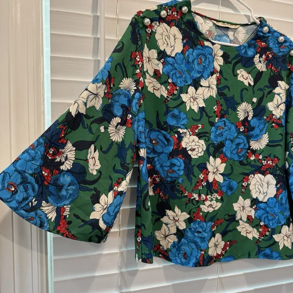 Zara Green Blue White Preppy Floral Bell Sleeve Modest High‎ Neck Blouse Size S - Image 2