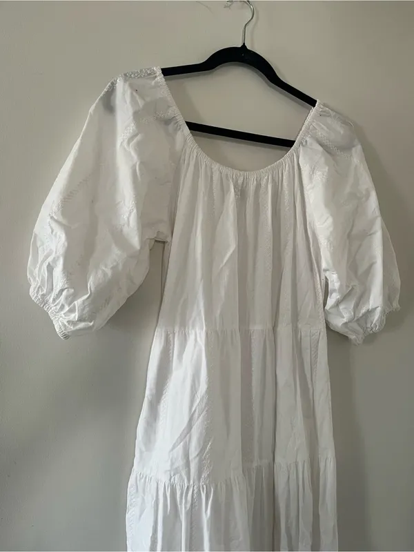 White 100% Cotton Tiered Puff Sleeve Peasant Maxi Dress Small Cottagecore - Image 2