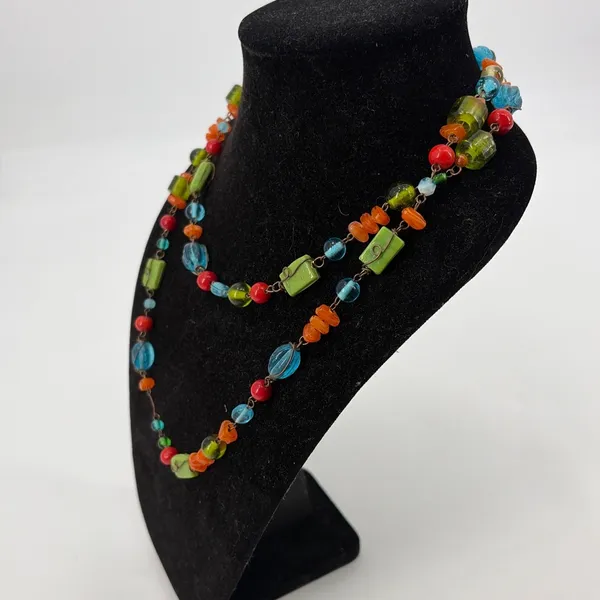 Vtg Lampwork Glass Bead Necklace Artisan Colorful Boho Long Y2K Indie Festival - Image 7