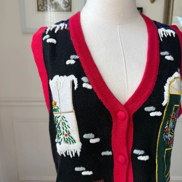 Vintage OHI Christmas Appliqué Embroidered Button Front Sweater Vest S - Image 3