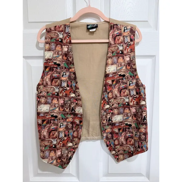 Vintage 90s Hiphanis Zoo Animal Print Vest Cotton Tan Multi Color Small USA Made - Image 2