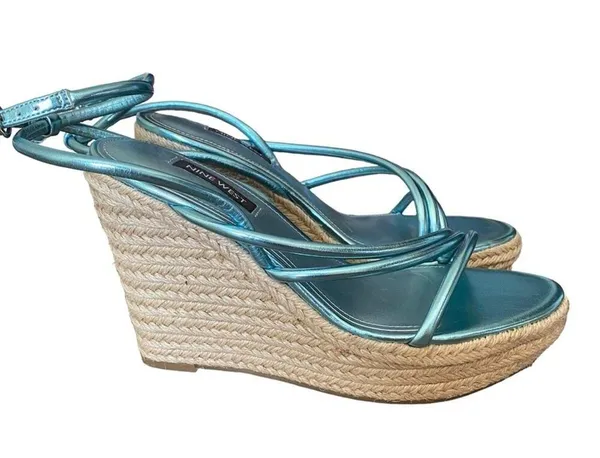 Nine West Hipsta3 Metallic Light Blue Wedge Sandals size 7.5 NWOB - Image 4