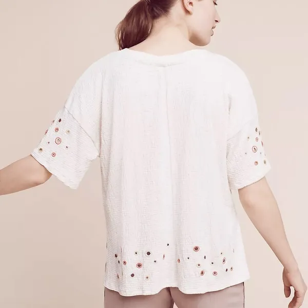 Anthropologie Postmark Catina circle stripe Eyelet Top Boho Cottagecore size M - Image 4