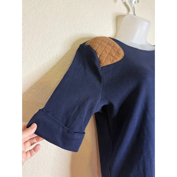 Ralph Lauren LRL XL Sweater Top Navy Blue Quilted Suede Shoulder‎ Patch Ribbed - Image 6