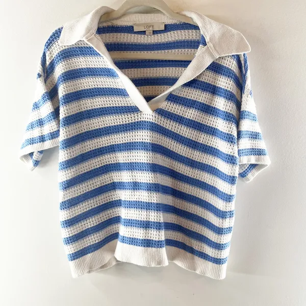 LOFT Striped Short Sleeve Collared Knit Pullover Sweater White Blue Large - Image 2