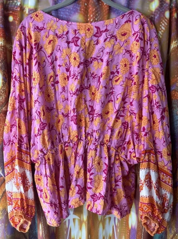 Pink Lily Floral V-Neck Smocked Waist Balloon Sleeve Peasant Blouse✨ - Image 6