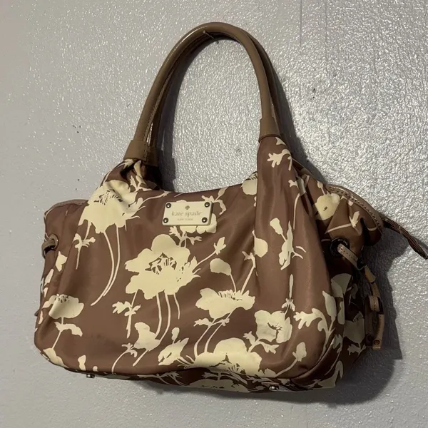 Chic Kate Spade Neutral Floral Nylon Leather Hobo Bag Shoulder Purse Trendy - Image 5